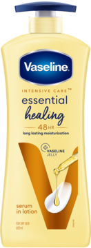 Vaseline Essential Healing balsam 600ml, żółta butelka z niebieską pompką, grafika 'V' i kropla serum.