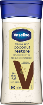 Vaseline Coconut Restore Body Gel Oil w przezroczystej butelce z niebieską nakrętką i żółtą etykietą, widok z przodu.