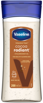 Front view of Vaseline Cocoa Radiant Vitalizing Body Oil, clear bottle, brown label, 100% cocoa butter, 200ml.
