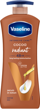 Vaseline Balsam Cocoa Radiant 600ml, serum w balsamie dla suchej skóry, brązowa butelka z pompką, z przodu.