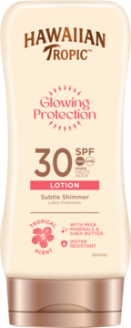 Hawaiian Tropic Glowing Protection Lotion SPF30, kremowa butelka, subtelny brokat, tropikalny zapach, widok z przodu.