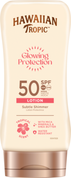 Hawaiian Tropic Glowing Protection SPF50 balsam z subtelnym shimmerem, beżowa butelka, widok z przodu.