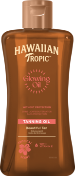 Hawaiian Tropic Glowing Oil, brown translucent bottle, front view, text 'WITHOUT PROTECTION', 'Beautiful Tan'.