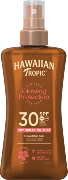 Hawaiian Tropic SPF 30 Glowing Protection Dry Spray Oil Mist, brown contoured bottle, front, for beautiful tan.