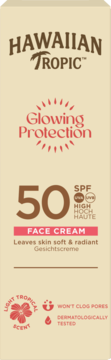 Hawaiian Tropic Glowing Protection Face Cream SPF 50. Beige packaging, front, for soft, radiant skin.