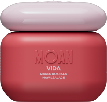 Frontalny widok różowego masła do ciała MOAN VIDA nawilżającego, matowy słoik z jasnoróżową błyszczącą nakrętką.