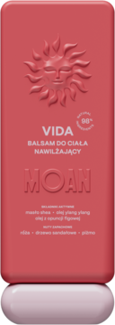 Różowy balsam do ciała VIDA MOAN, nawilżający, z masłem shea i różą, butelka z wytłoczonym słońcem.