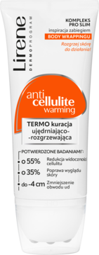 Biała tubka Lirene Dermoprogram, anti-cellulite warming, kuracja ujędrniająco-rozgrzewająca, widok z przodu.