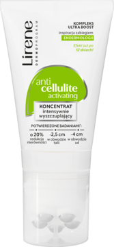 Lirene DermoProgram anti-cellulite activating concentrate w białej tubce z zieloną etykietą, widok z przodu.