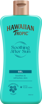 Hawaiian Tropic Soothing After Sun Gel w turkusowej butelce z miedzianą nakrętką, front. Z aloesem, łagodzi skórę.