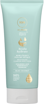 Yope Hyalu Hydrate Blue Coconut nawilżający peeling myjący w błękitnej tubie, widok z przodu.