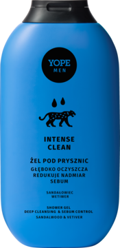 Yope Men Intense Clean żel pod prysznic sandałowiec wetiwer, niebieska butelka z czarną panterą, widok z przodu.