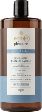 Sense of Pleasure płyn do kąpieli wanilia i drzewo sandałowe, w brązowej butelce, widok z przodu.