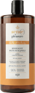 Sense of Pleasure Sensualny płyn do kąpieli, jaśmin i drzewo różane, brązowa butelka, widok z przodu.