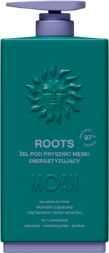 ROOTS Męski żel pod prysznic energetyzujący MOAN, ciemnozielona butelka z fioletową pompką, widok z przodu.