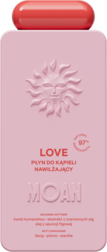 Różowy płyn do kąpieli MOAN LOVE, nawilżający, z czerwoną nakrętką i wytłoczonym słońcem, widok z przodu.