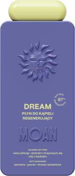 Fioletowy płyn do kąpieli MOAN DREAM regenerujący z baobabem i plumerią, widok z przodu, żółta nakrętka.