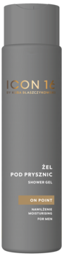 Szary żel pod prysznic ICON 16 ON POINT dla mężczyzn, nawilżający, z złotym napisem na butelce, widok z przodu.