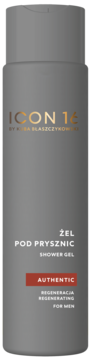 Szara butelka żelu pod prysznic ICON 16 Authentic dla mężczyzn, z aloesem i kwasem hialuronowym.