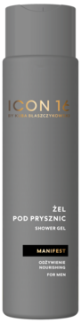 Szary, naturalny żel pod prysznic Icon 16 Manifest dla mężczyzn, nawilżający, o drzewnym zapachu, widok z przodu.