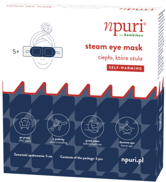 npuri by Bambiboo samonagrzewająca maska parowa, biało-granatowe pudełko z ikonami zastosowań, przód.