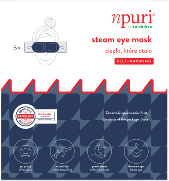 Samonagrzewająca maska na oczy npuri Steam Eye Mask, opakowanie 5 szt., z ikonami użycia i ilustracją.