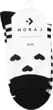 Czarne i białe skarpety damskie Moraj z wzorem serduszek, rozmiar 35-38, widok z przodu na złożoną parę z metką.