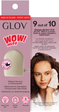 GLOV WOW! Mitt, różowa rękawiczka do demakijażu wodą, w opakowaniu, z dłonią kobiety używającej jej.