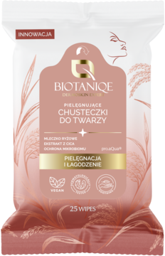 BIOTANIQE Pielęgnujące chusteczki do twarzy z mleczkiem ryżowym i CICA, biało-różowe opakowanie, 25 sztuk.