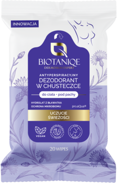 Fioletowe chusteczki antyperspirujące Biotaniqe, opakowanie z motywem chabrów i napisem "INNOWACJA", 20 sztuk.