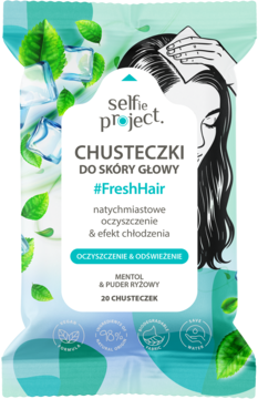 Selfie Project #FreshHair chusteczki do skóry głowy z mentolem, 20 sztuk, miętowe, widok z przodu. Chłodzą i odświeżają.