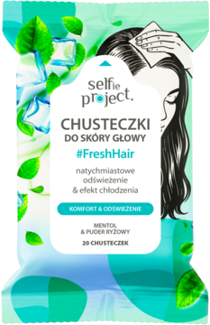 Zielone chusteczki Selfie Project #FreshHair z mentolem i pudrem ryżowym, odświeżające skórę głowy.