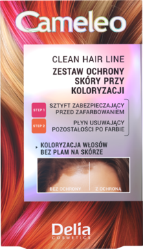 Zestaw Cameleo Clean Hair Line do ochrony skóry głowy podczas koloryzacji włosów, widok z przodu opakowania.