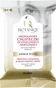 Biotaniqe Propolisowe chusteczki oczyszczająco-nawilżające, białe opakowanie inspirowane rytuałem koreańskim.