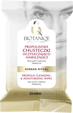 Biotaniqe Korean Ritual chusteczki oczyszczająco-nawilżające z propolisem, białe opakowanie, 25 sztuk, widok z przodu.