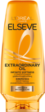 Pomarańczowa butelka L'Oréal Elseve Extraordinary Oil odżywka do włosów suchych, widok z przodu z złotymi detalami.