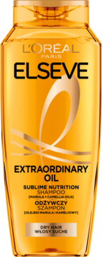 L'Oréal Elseve Extraordinary Oil Sublime Nutrition szampon do suchych włosów, złota butelka z logo, widok z przodu.