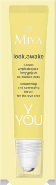 Żółta tubka MIYA Y.YOU look.awake Serum korygującego do okolic oczu z metalowym aplikatorem, widok z przodu.