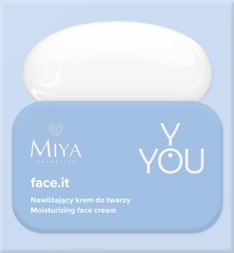 MIYA Y.YOU face.it nawilżający krem do twarzy w jasnoniebieskim słoiczku z białą pokrywką i próbką kremu, widok z góry.