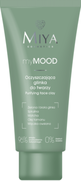 MIYA myMOOD Oczyszczająca glinka do twarzy, sage green tubka, widok z przodu z listą składników.