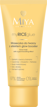 MIYA myRICEglue maseczka glow booster, żółta tubka stojąca na wprost, z białymi napisami.