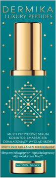 Opakowanie Dermika Luxury Peptides Multi Peptydowe Serum, turkusowe ze złotą nakrętką i wzorem, widok przód.