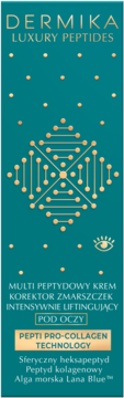 Dermika Luxury Peptides: krem pod oczy. Tealowe opakowanie z złotym logo i technologią Pepti Pro-Collagen.
