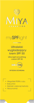 Żółte opakowanie MIYA mySPFlight SPF 50, ultralekki wygładzający krem przeciwsłoneczny, widok z przodu.