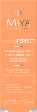 Miya peachPERFECT rozświetlający lotion z beta-karotenem, pomarańczowe opakowanie, widok z przodu.