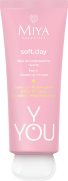 Różowy mus do mycia twarzy MIYA soft.clay z różową glinką w tubce, białe napisy, widok z przodu.
