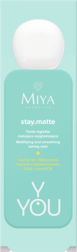Miya Cosmetics stay.matte tonik-mgiełka matująca w turkusowej butelce z białym korkiem, widok z przodu, logo Y.YOU.