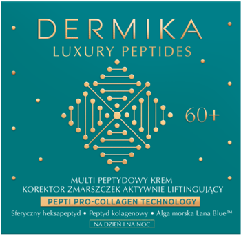DERMIKA LUXURY PEPTIDES 60+ multi peptydowy krem liftingujący, na dzień i noc, złoty wzór na turkusie.