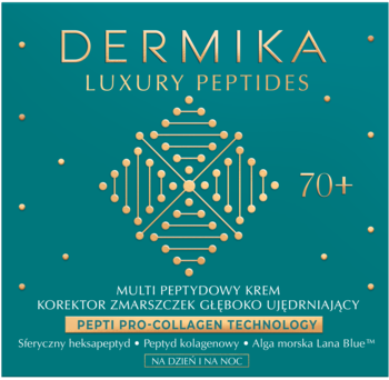 Dermika Luxury Peptides 70+, krem na zmarszczki, turkusowe opakowanie ze złotą strukturą molekularną.