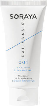 Biała tuba Soraya Daily Basis 001 Hyaluro Cleansing Gel. Nawilżający żel do mycia twarzy z kwasem hialuronowym, widok z przodu.